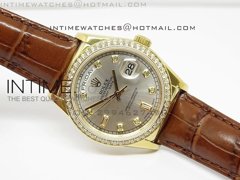 DayDate YG 36mm Silver Dial Diamond Bezel On Leather Strap