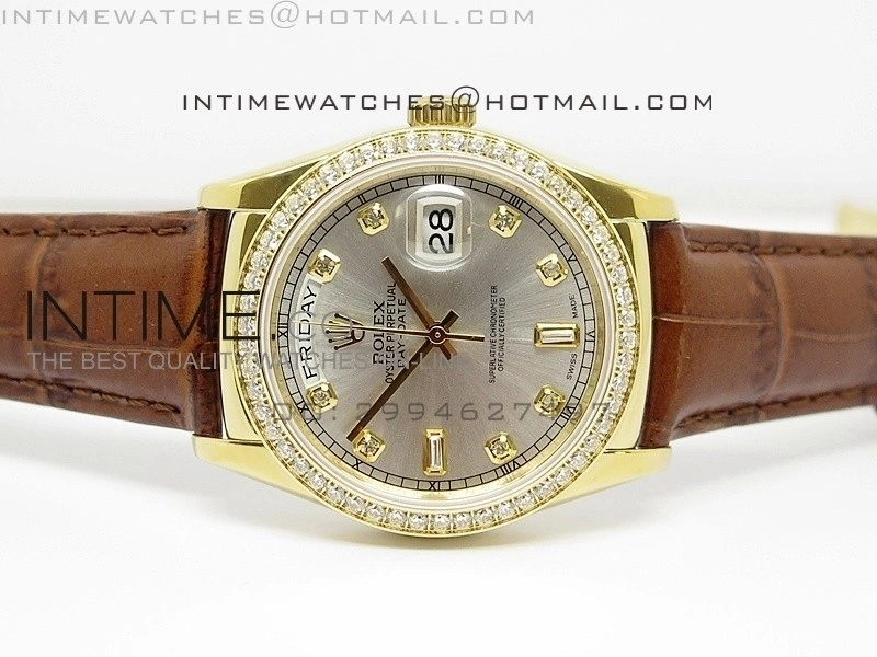 DayDate YG 36mm Silver Dial Diamond Bezel On Leather Strap