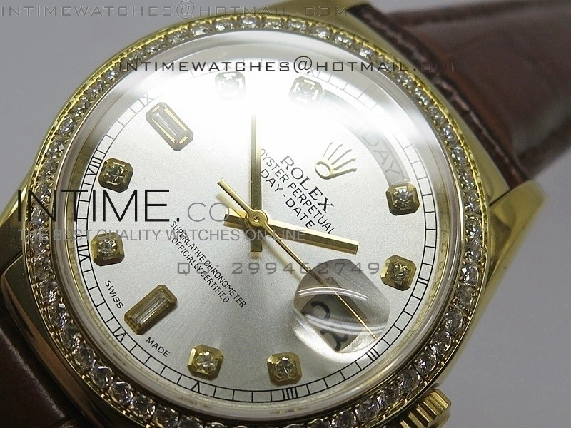 DayDate YG 36mm Silver Dial Diamond Bezel On Leather Strap