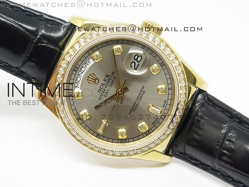 DayDate YG 36mm Slier Gray Dial Diamond Bezel On Leather Strap