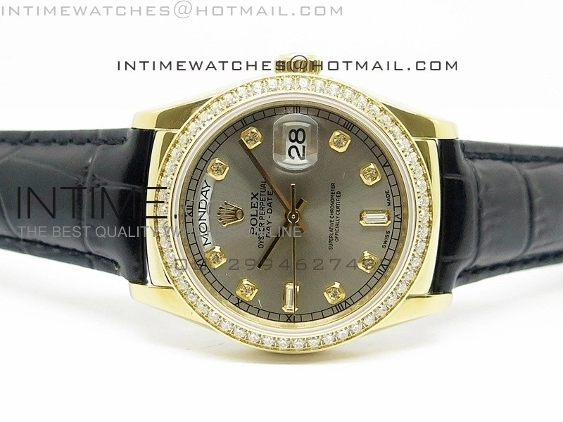 DayDate YG 36mm Slier Gray Dial Diamond Bezel On Leather Strap