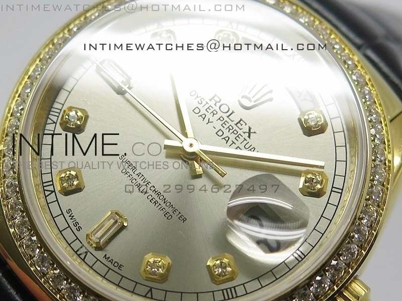 DayDate YG 36mm Slier Gray Dial Diamond Bezel On Leather Strap