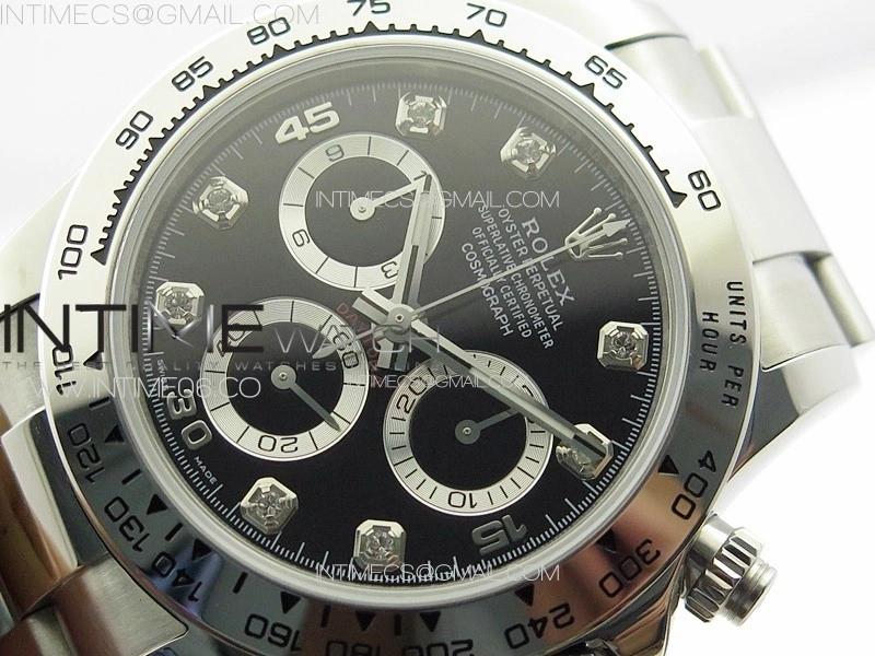 Daytona 116506 APSF Black Dial Crystals Markers On SS Bracelet Slim A7750