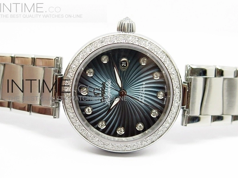 De Ville Lady SS Blue Textured Dial Diamonds Bezel on SS Bracelet SEIKO NH05A