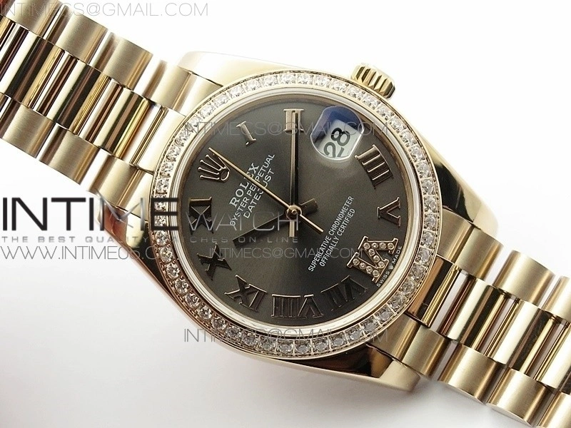 Datejust 31mm 278275 RG Dia Bezel BP Best Edition Gray Roman Markers Dial @6 Dia on RG President Bracelet