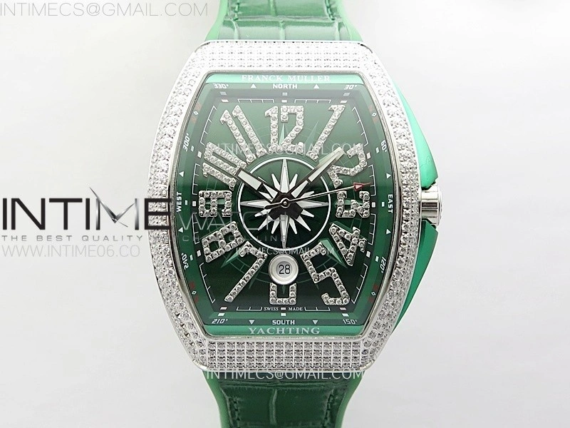 Vanguard V45 Full Diamonds ABF Best Edition Green Dial Diamonds Markers On Green Gummy Strap A2824