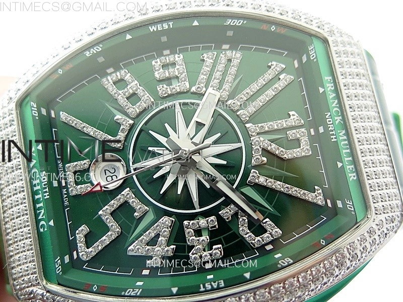 Vanguard V45 Full Diamonds ABF Best Edition Green Dial Diamonds Markers On Green Gummy Strap A2824