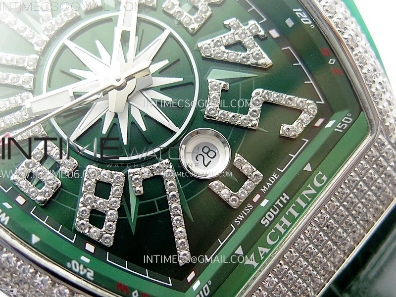 Vanguard V45 Full Diamonds ABF Best Edition Green Dial Diamonds Markers On Green Gummy Strap A2824