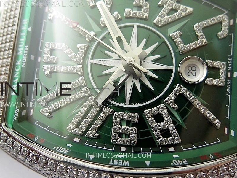Vanguard V45 Full Diamonds ABF Best Edition Green Dial Diamonds Markers On Green Gummy Strap A2824