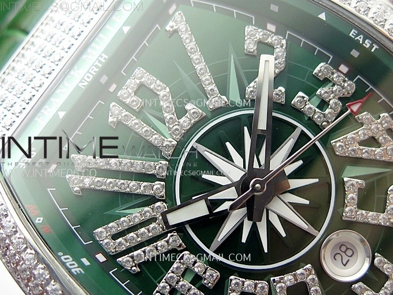 Vanguard V45 Full Diamonds ABF Best Edition Green Dial Diamonds Markers On Green Gummy Strap A2824