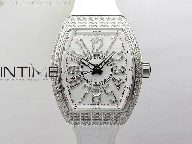 Vanguard V45 Full Diamonds ABF Best Edition White Dial Diamonds Markers On White Gummy Strap A2824
