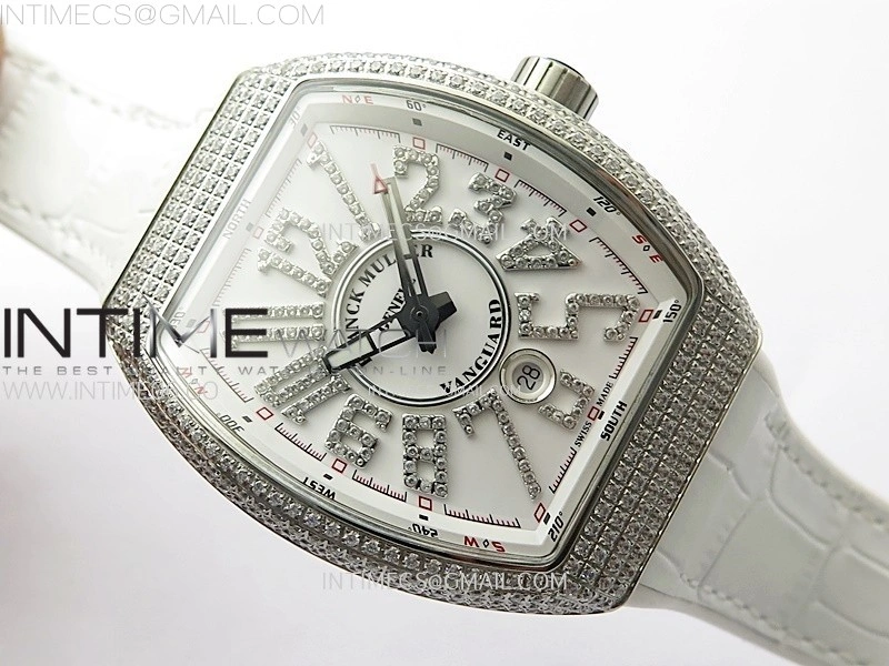Vanguard V45 Full Diamonds ABF Best Edition White Dial Diamonds Markers On White Gummy Strap A2824