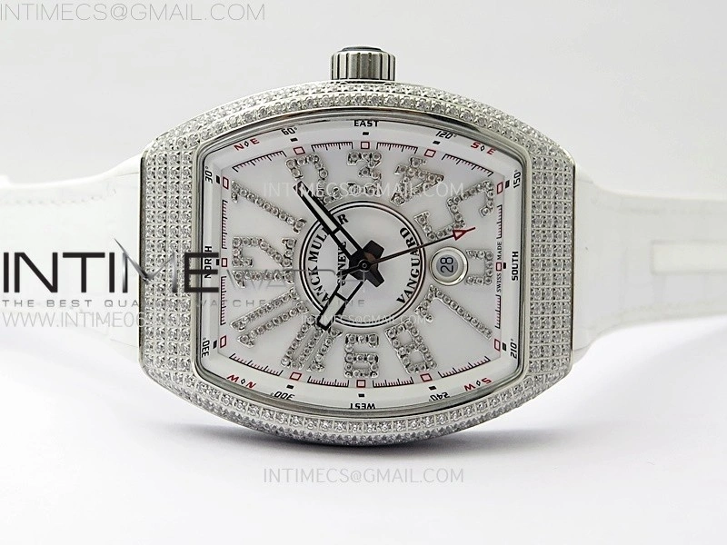 Vanguard V45 Full Diamonds ABF Best Edition White Dial Diamonds Markers On White Gummy Strap A2824