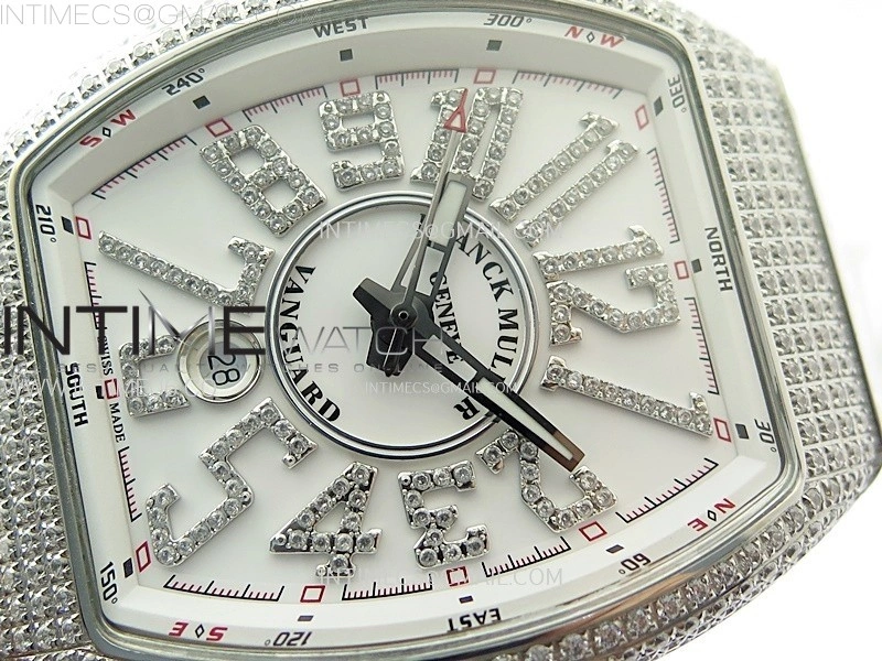 Vanguard V45 Full Diamonds ABF Best Edition White Dial Diamonds Markers On White Gummy Strap A2824