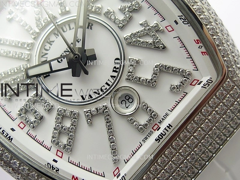 Vanguard V45 Full Diamonds ABF Best Edition White Dial Diamonds Markers On White Gummy Strap A2824