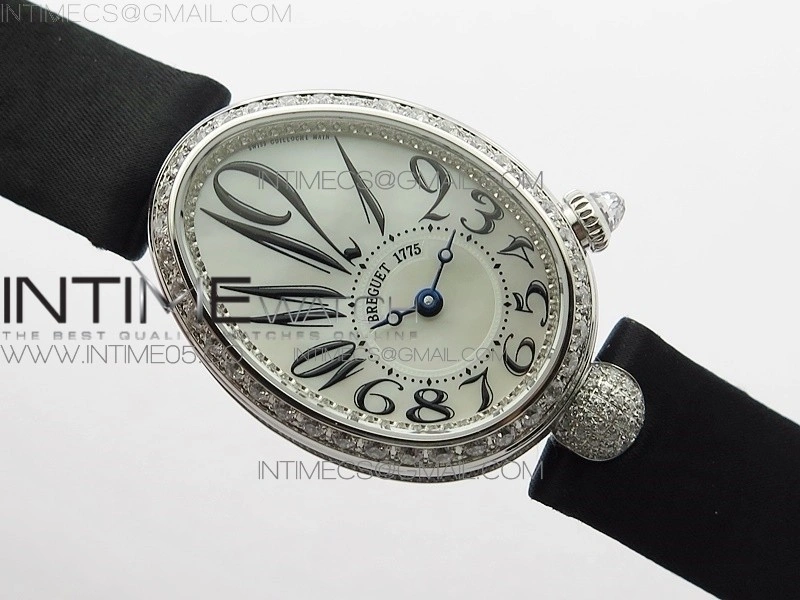 Reine de Naples 8928BB 33mm SS ZF 1:1 Best Edition White MOP Dial Numeral Markers Diamonds Bezel on Black Fabric Strap A537
