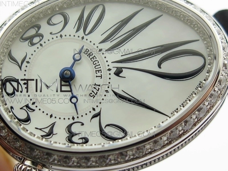 Reine de Naples 8928BB 33mm SS ZF 1:1 Best Edition White MOP Dial Numeral Markers Diamonds Bezel on Black Fabric Strap A537