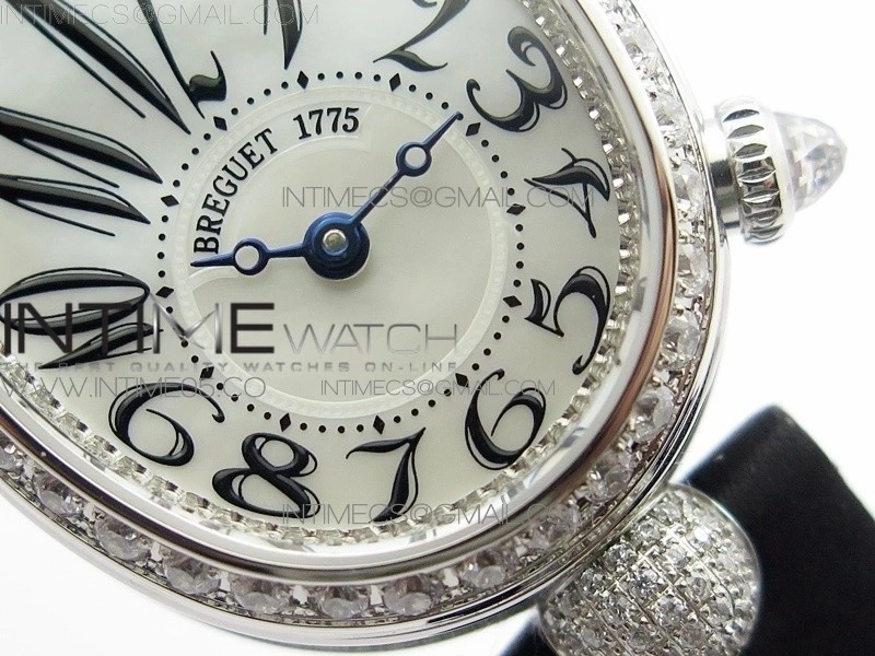 Reine de Naples 8928BB 33mm SS ZF 1:1 Best Edition White MOP Dial Numeral Markers Diamonds Bezel on Black Fabric Strap A537