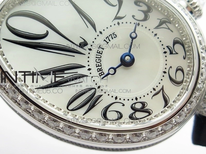 Reine de Naples 8928BB 33mm SS ZF 1:1 Best Edition White MOP Dial Numeral Markers Diamonds Bezel on Black Fabric Strap A537