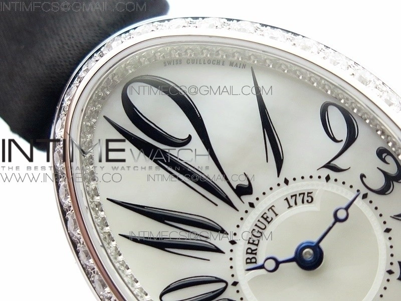 Reine de Naples 8928BB 33mm SS ZF 1:1 Best Edition White MOP Dial Numeral Markers Diamonds Bezel on Black Fabric Strap A537