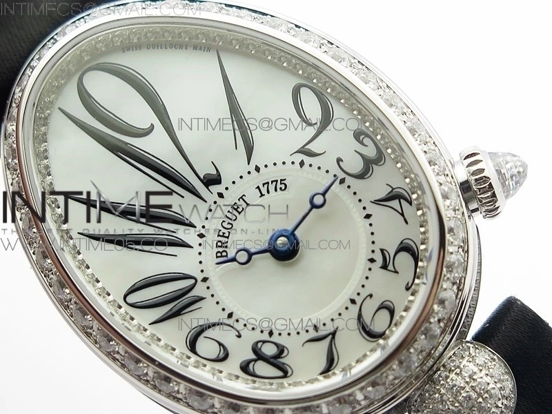 Reine de Naples 8928BB 33mm SS ZF 1:1 Best Edition White MOP Dial Numeral Markers Diamonds Bezel on Black Fabric Strap A537