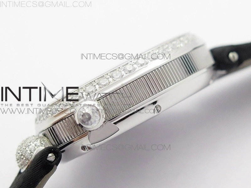 Reine de Naples 8928BB 33mm SS ZF 1:1 Best Edition White MOP Dial Numeral Markers Diamonds Bezel on Black Fabric Strap A537