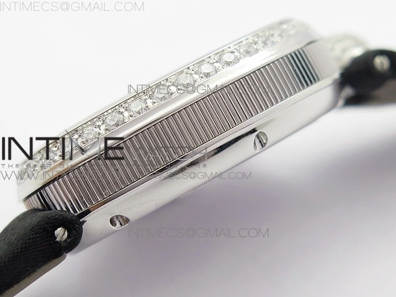 Reine de Naples 8928BB 33mm SS ZF 1:1 Best Edition White MOP Dial Numeral Markers Diamonds Bezel on Black Fabric Strap A537