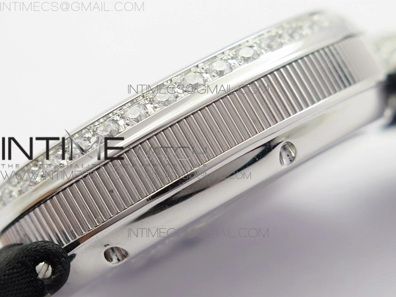 Reine de Naples 8928BB 33mm SS ZF 1:1 Best Edition White MOP Dial Numeral Markers Diamonds Bezel on Black Fabric Strap A537