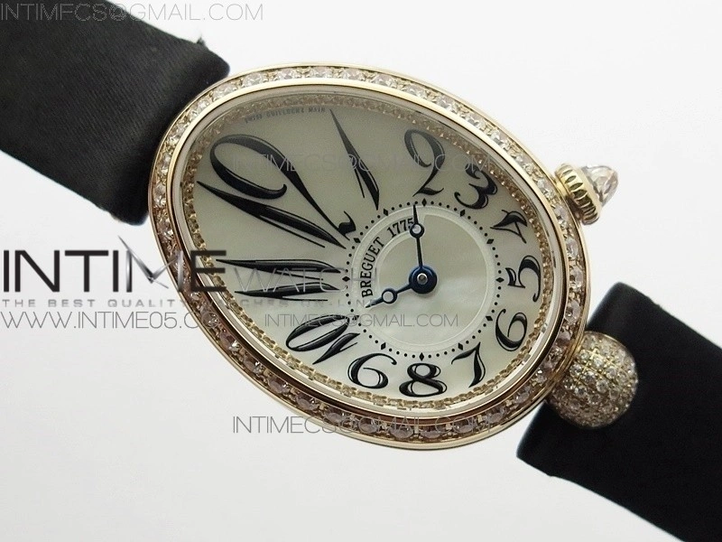 Reine de Naples 8928BB 33mm RG ZF 1:1 Best Edition White MOP Dial Numeral Markers Diamonds Bezel on Black Fabric Strap A537