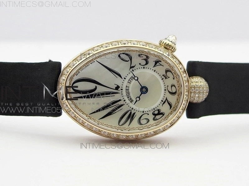 Reine de Naples 8928BB 33mm RG ZF 1:1 Best Edition White MOP Dial Numeral Markers Diamonds Bezel on Black Fabric Strap A537