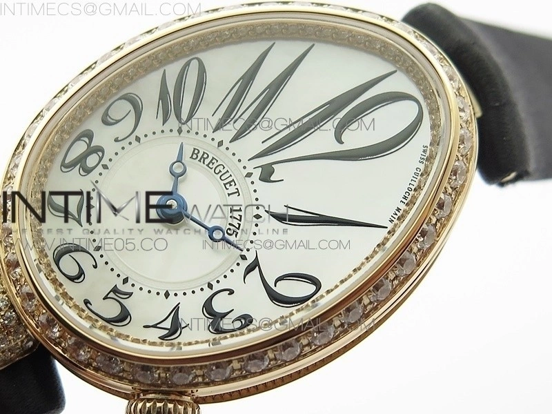 Reine de Naples 8928BB 33mm RG ZF 1:1 Best Edition White MOP Dial Numeral Markers Diamonds Bezel on Black Fabric Strap A537