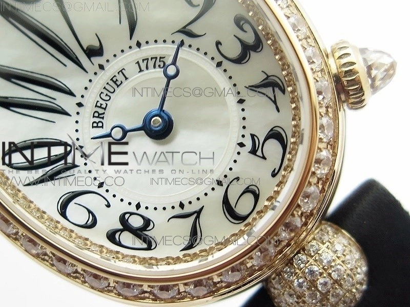 Reine de Naples 8928BB 33mm RG ZF 1:1 Best Edition White MOP Dial Numeral Markers Diamonds Bezel on Black Fabric Strap A537