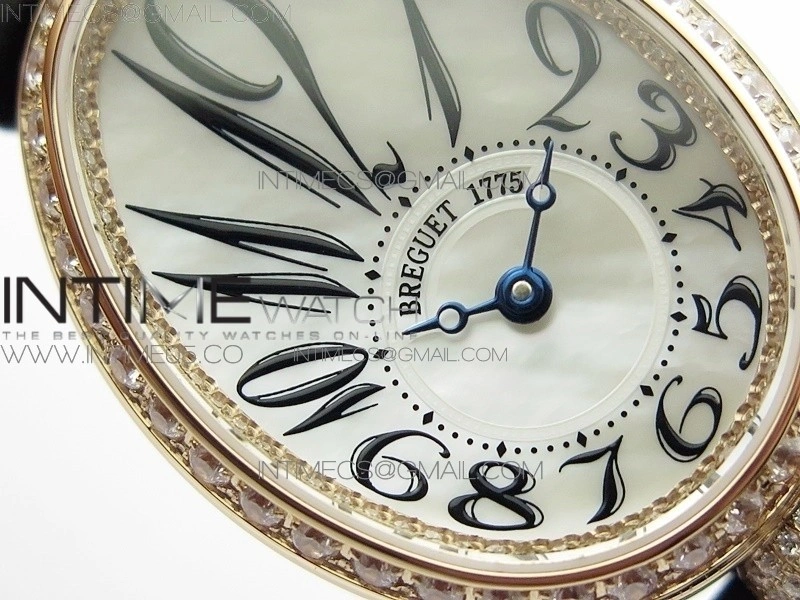 Reine de Naples 8928BB 33mm RG ZF 1:1 Best Edition White MOP Dial Numeral Markers Diamonds Bezel on Black Fabric Strap A537
