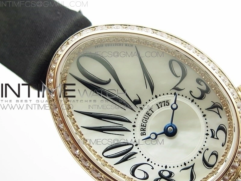 Reine de Naples 8928BB 33mm RG ZF 1:1 Best Edition White MOP Dial Numeral Markers Diamonds Bezel on Black Fabric Strap A537