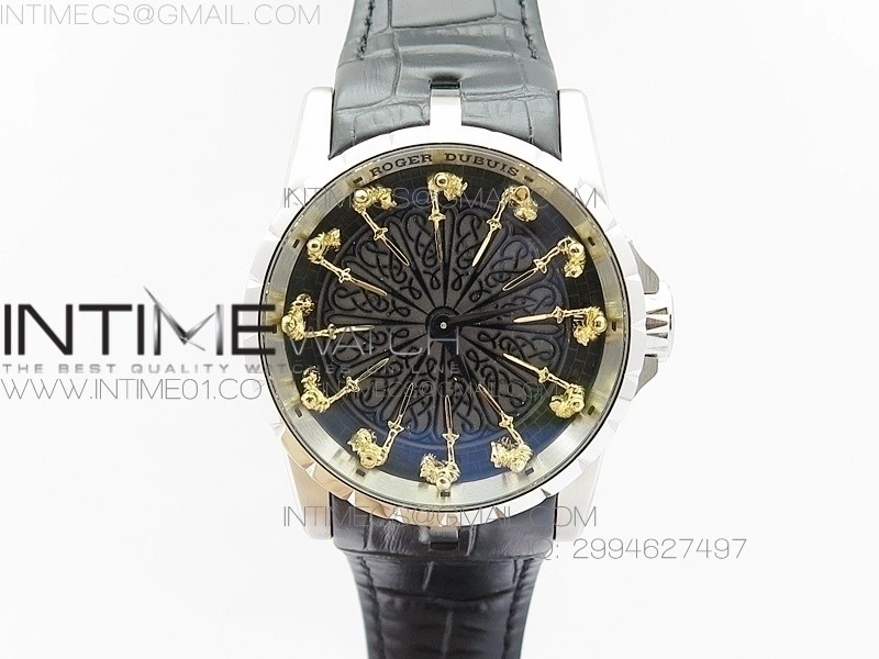 Excalibur RDDBEX0495 SS Black Dial on Black Leather Strap