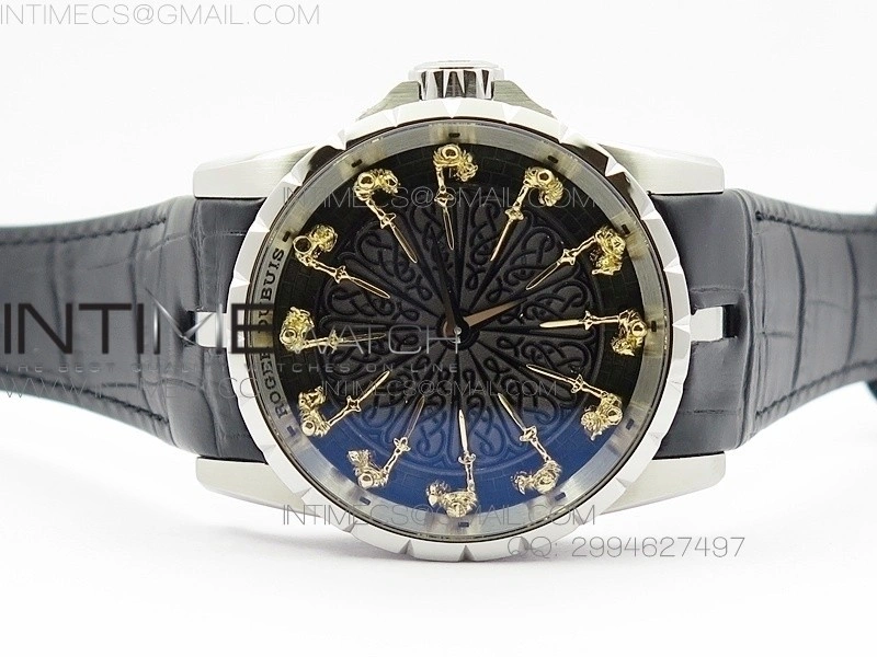 Excalibur RDDBEX0495 SS Black Dial on Black Leather Strap