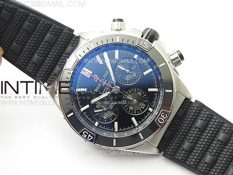 Chronomat B01 44mm SS BLSF 1:1 Best Edition Black Dial Black Subdial on Black Rubber Strap A7750 to Cal.01