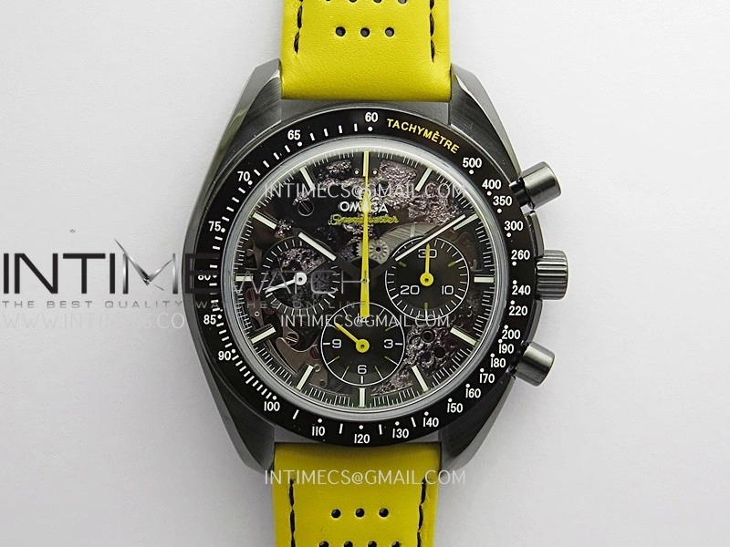 Speedmaster 44mm Ceramic SMF 1:1 Best Edition Black Skeleton Dial Yellow Hands On Yellow Leather Strap A3869