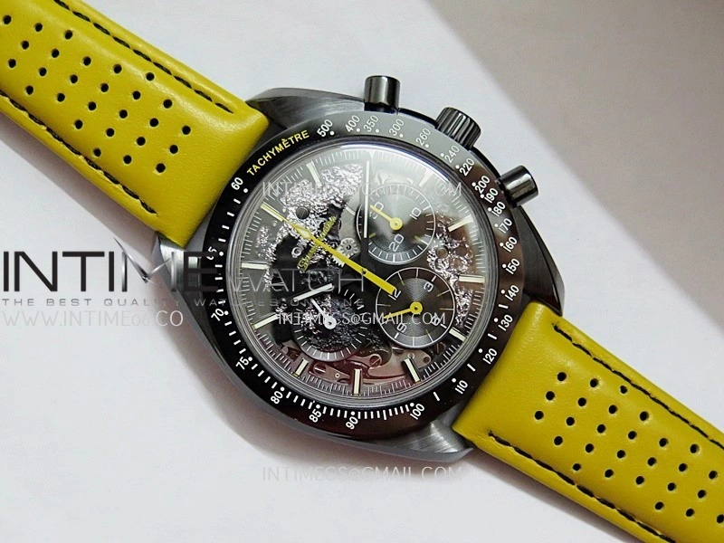 Speedmaster 44mm Ceramic SMF 1:1 Best Edition Black Skeleton Dial Yellow Hands On Yellow Leather Strap A3869