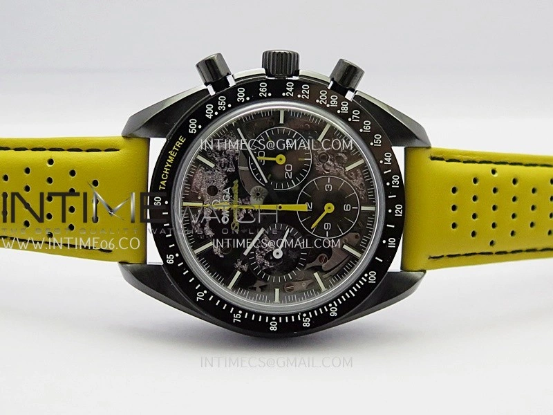 Speedmaster 44mm Ceramic SMF 1:1 Best Edition Black Skeleton Dial Yellow Hands On Yellow Leather Strap A3869