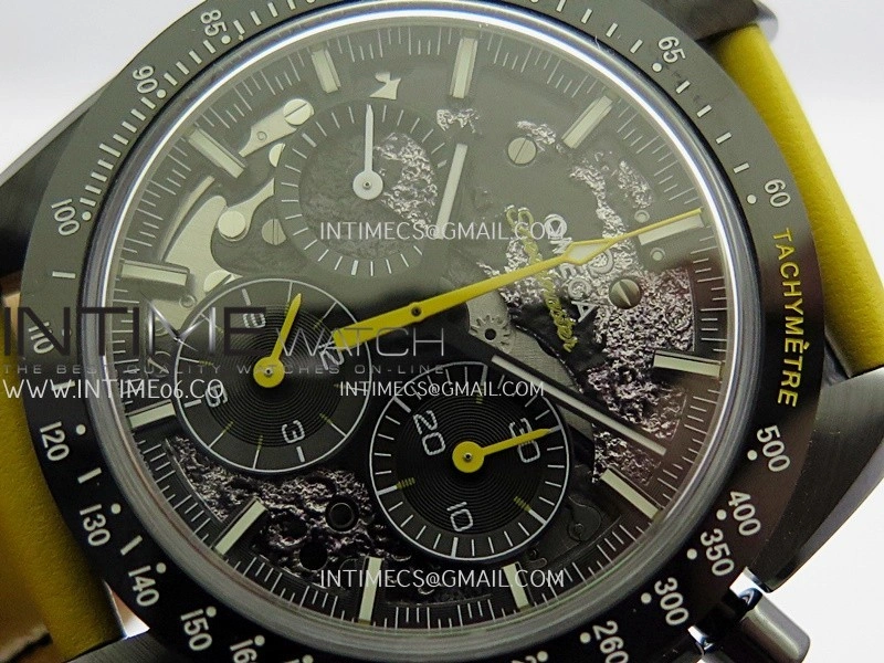 Speedmaster 44mm Ceramic SMF 1:1 Best Edition Black Skeleton Dial Yellow Hands On Yellow Leather Strap A3869