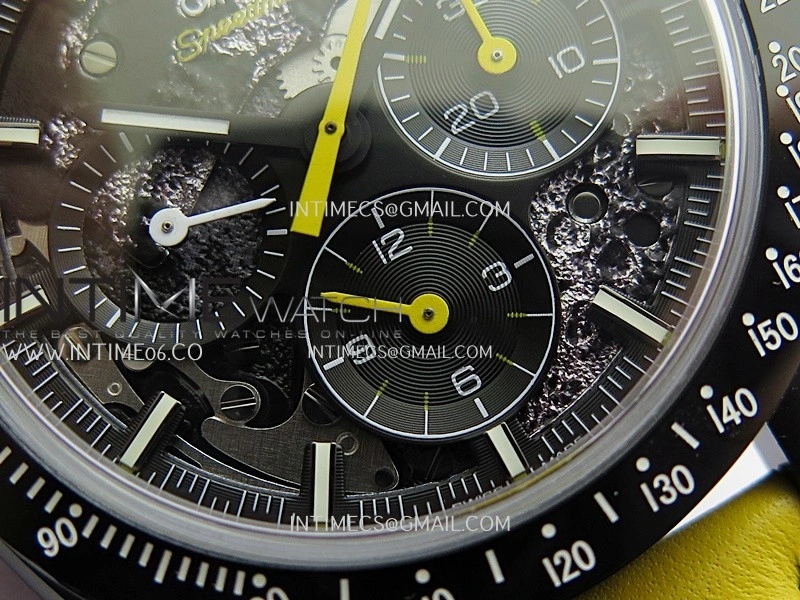 Speedmaster 44mm Ceramic SMF 1:1 Best Edition Black Skeleton Dial Yellow Hands On Yellow Leather Strap A3869