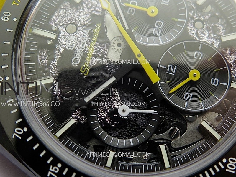 Speedmaster 44mm Ceramic SMF 1:1 Best Edition Black Skeleton Dial Yellow Hands On Yellow Leather Strap A3869