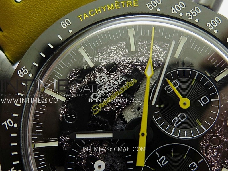 Speedmaster 44mm Ceramic SMF 1:1 Best Edition Black Skeleton Dial Yellow Hands On Yellow Leather Strap A3869
