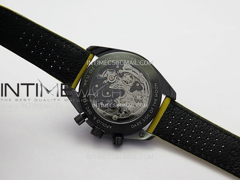 Speedmaster 44mm Ceramic SMF 1:1 Best Edition Black Skeleton Dial Yellow Hands On Yellow Leather Strap A3869