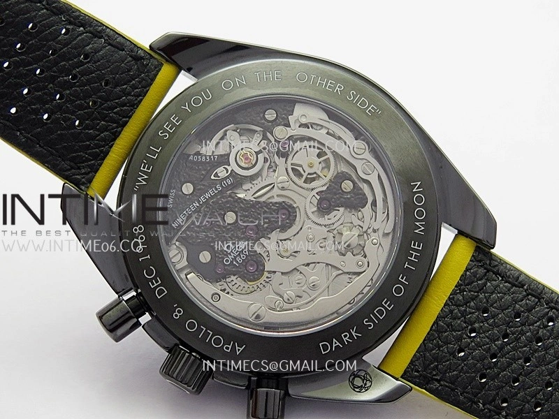 Speedmaster 44mm Ceramic SMF 1:1 Best Edition Black Skeleton Dial Yellow Hands On Yellow Leather Strap A3869