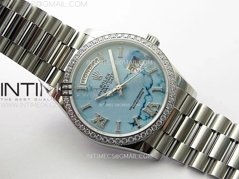 Day Date 36mm Gain Weight SS tungsten APSF 1:1 Best Edition Blue Dial Diamond Roman Markers on SS President Bracelet A3255