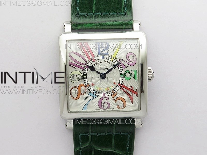 Master Square SS Ladies ZF 1:1 Best Edition White Colorful Arabic Dial on Green Leather Strap Ronda Quartz