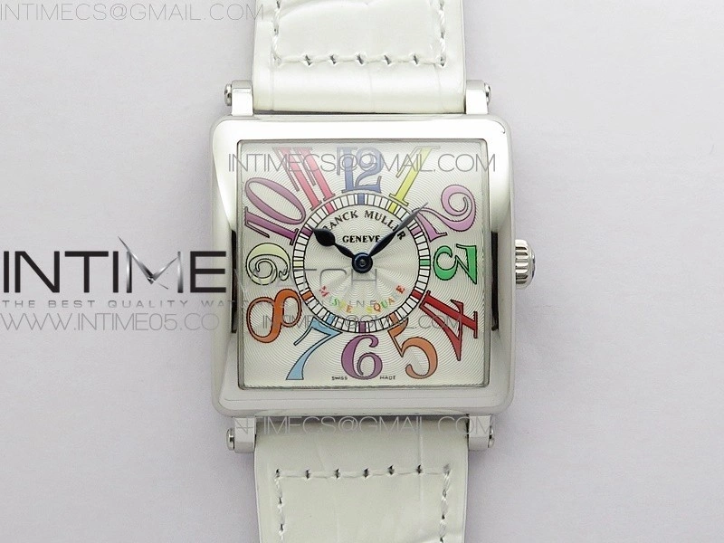 Master Square SS Ladies ZF 1:1 Best Edition White Colorful Arabic Dial on White Leather Strap Ronda Quartz