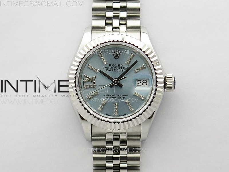 Datejust 28mm 279179 SS APSF Best Edition Ice Blue Dial Sticks Crystals Markers on SS Jubilee Bracelet NH05